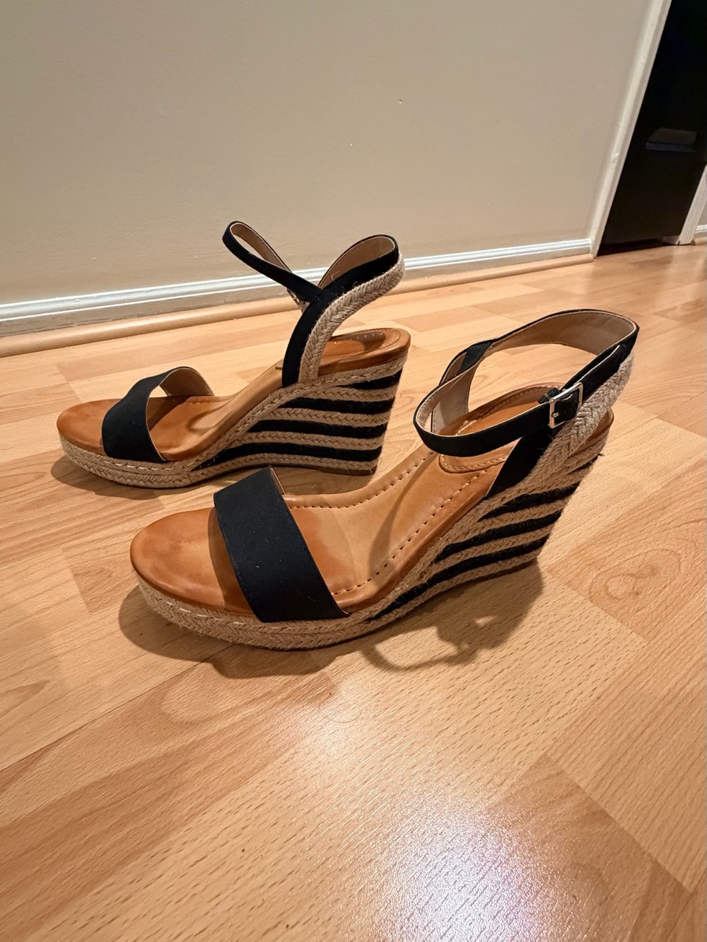 Kelly &Katie Black Espadrille Wedge Sandals with Ankle Strap - Women
